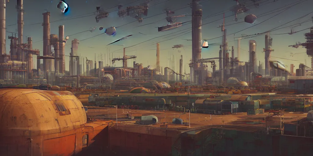 Prompt: a beautiful realistic photo of a dystopian world with factories in the background, synthetic retro vibes, peaceful sea by simon staylenhag, no mans sky, spaceship, x-wing, star wars, planets in background, ivy on the buildings, high depth of field, architecture, ricardo bofill architecture, vray, unreal engine 5, Trending on artstation