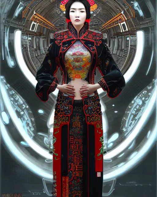 Image similar to portrait of a chinese cyberpunk machine, machine face, robed, upper half portrait, decorated with chinese opera motifs regal royal fierce machine robot cyberpunk fine china, wuxia, traditional chinese art intricate intense elegant highly detailed digital painting artstation concept art smooth sharp focus illustration, art by artgerm and greg rutkowski alphonse mucha 8 k