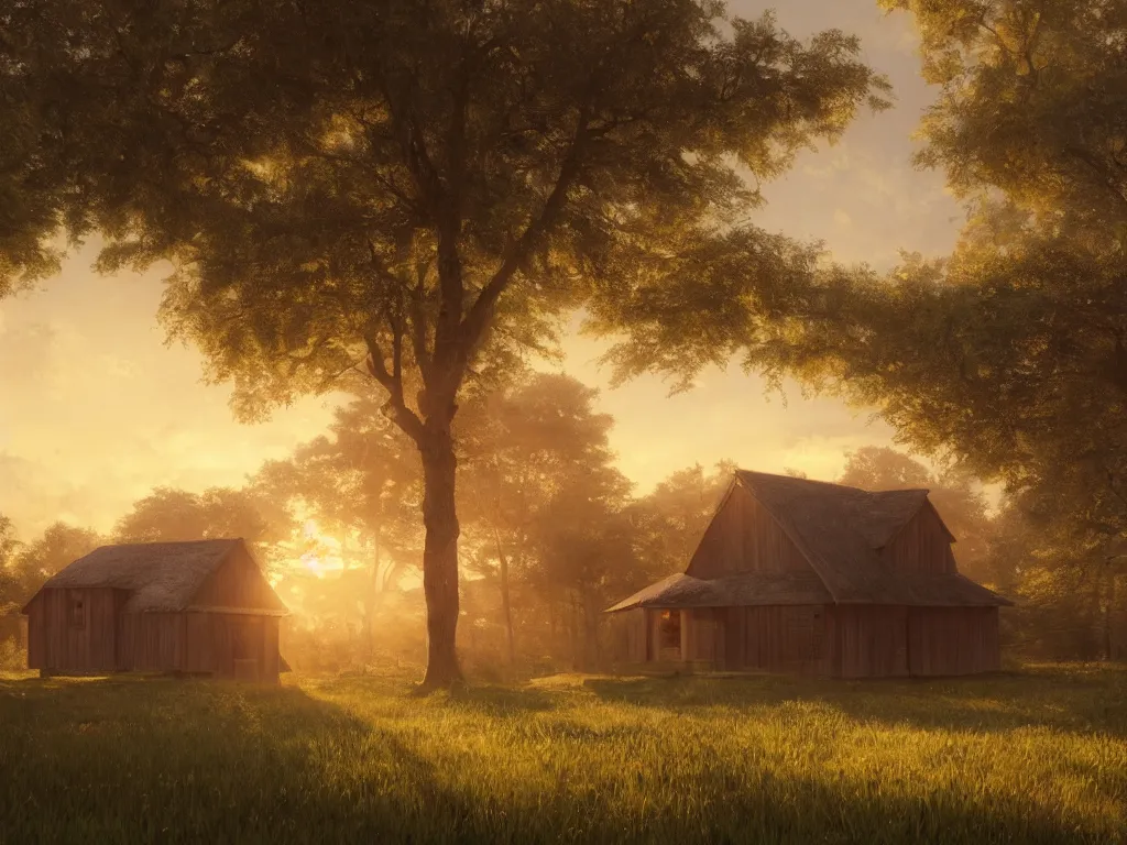 Image similar to a oil painting of a serene landscape with a singular wooden house at sunrise, concept art, octane render, unreal engine 5, trending on deviantart, highly detailed, high quality, oil painting, digital painting l, masterpiece, hyperrealistic, breathtaking landscape, soft lighting, godrays, complementary colors, natural lighting