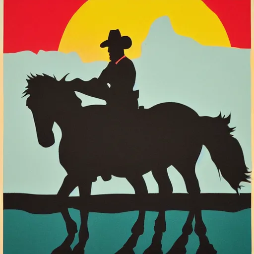 Prompt: siluette of a cowboy outlaw sitting on a horse. serigraph. screen - printed. sun - bleached highlights on colt's face, hat in soft colors