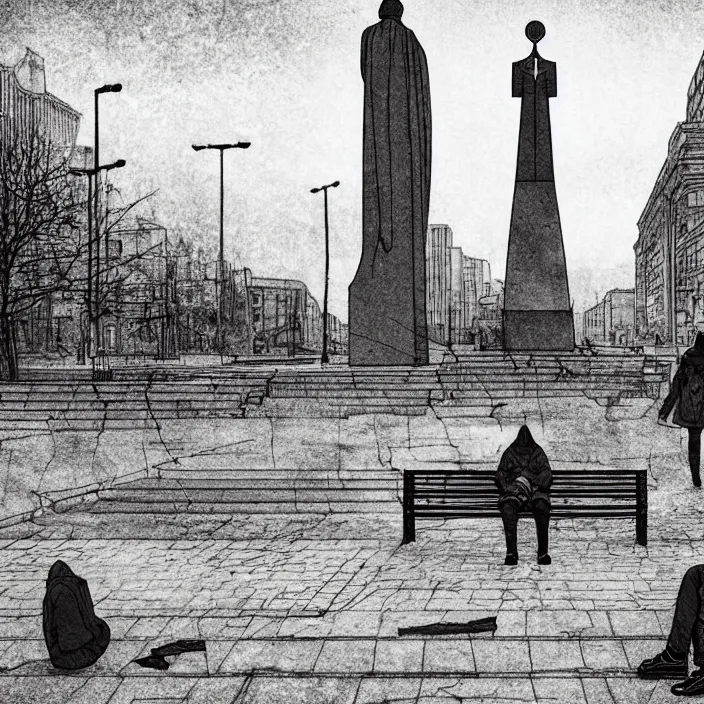 Image similar to storyboard : sadie sink in hoodie sits on bench in ruined square, pedestrians walk by, soviet monument and propaganda posters. scifi cyberpunk. by gabriel hardman. cinematic atmosphere, detailed and intricate, perfect anatomy