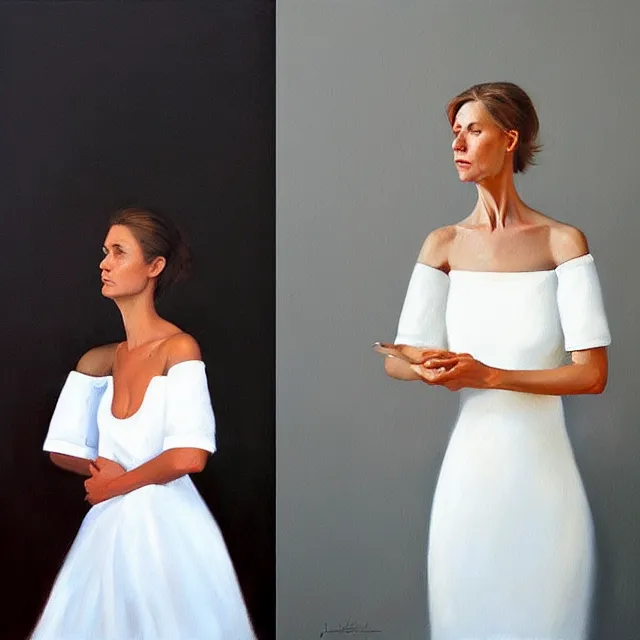 Prompt: a painting of a woman in a white dress, a photorealistic painting by julio larraz, trending on cg society, figurative art, hyper realism, oil on canvas, detailed painting