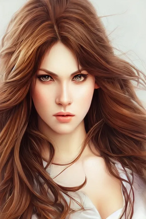 Image similar to a gorgeous female with long brown hair in the style of stefan kostic, realistic, full body, sharp focus, 8 k high definition, insanely detailed, intricate, elegant, art by stanley lau and artgerm