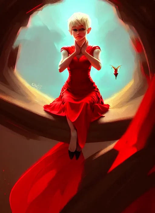 Image similar to Image of tiny pixie sitting on top of a human hand, D&D fantasy, wearing a red dress, intricate, highly detailed, digital painting, artstation, concept art, sharp focus, illustration, art by greg rutkowski and Ross Tran