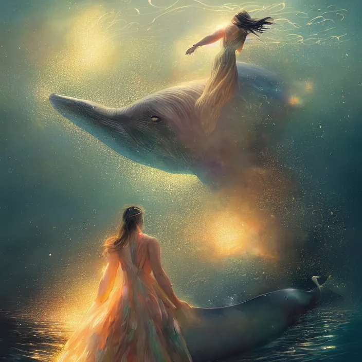 Image similar to glimmering whale, flowing dress, flowers, cosmos, milky way galaxy, golden hour, god rays, coral reef, dreamscape by artgerm and ruan jia and ismail inceoglu and greg olsen, masterpiece, minimalistic, beautiful, intricate, elegant, highly detailed