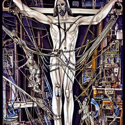 Prompt: a man crucified on a cybernetic sci - fi cross, full of computer elements and cables, symbolic, intricate, hyperdetailed, religious, painting, cyberpunk