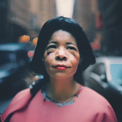 Prompt: medium format film candid portrait of a woman in new york by street film photographer, 1 9 6 0 s, woman portrait featured on unsplash, photographed on colour expired film