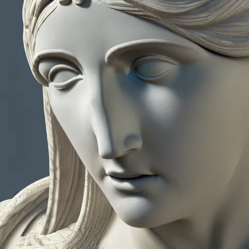 Image similar to close up of an ancient greek statue of a female goddess, highly detailed, hd, photorealism, brutalism, broken, rendered in cinema 4 d