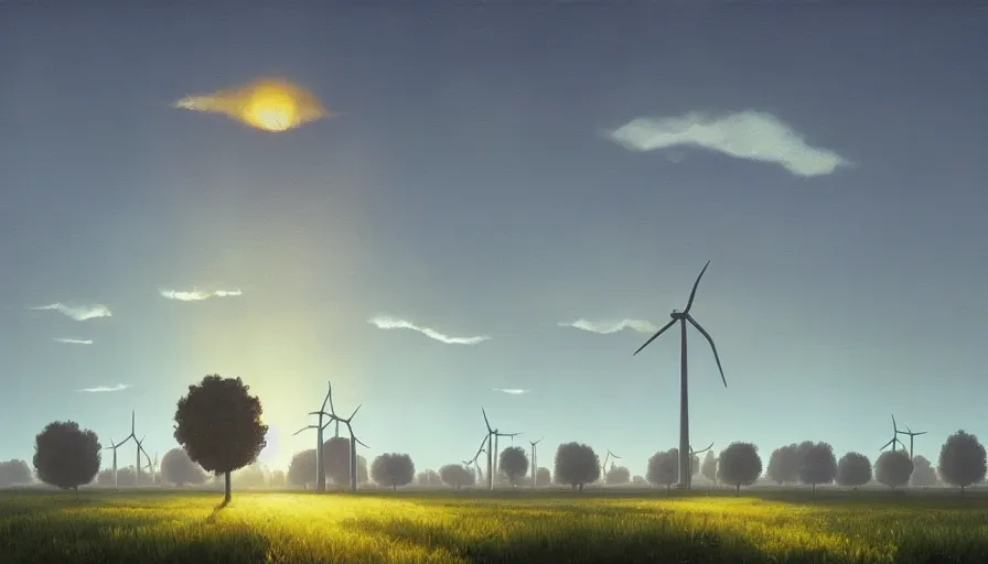 Prompt: big field of wind mills, early morning sun in the sky, one tree, simon stalenhag