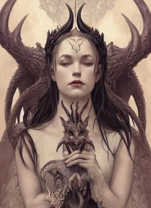 Image similar to a beautiful illustration of a satanic witch with horns in head holding a dragon, intricate, sharp focus, illustration, highly detailed, digital painting, concept art, matte, art by wlop and artgerm and greg rutkowski and alphonse mucha, masterpiece