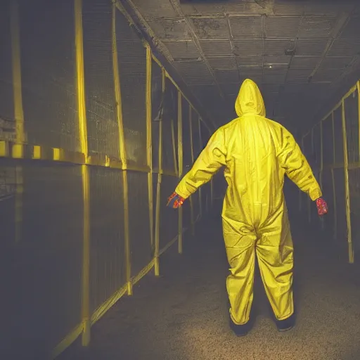 Image similar to a man wearing a yellow hazmat suit inside the very dark lighting empty unsettling creepy backrooms, liminal space, eerie mood, horror movie scene