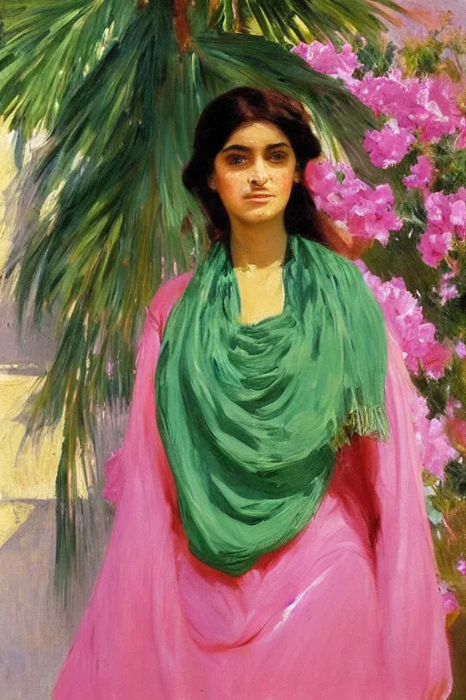 Prompt: portrait of persian girl with arabesque green scarf near bougainvillea and mexican fan palms, painting by john singer sargent