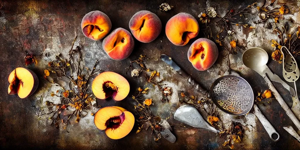 Image similar to decaying rotting peaches, moldy, on an antique distressed table top, dried flowers, metal kitchen utensils, old kitchen backdrop, dark kitchen, style by peter lippmann, intricate detail,