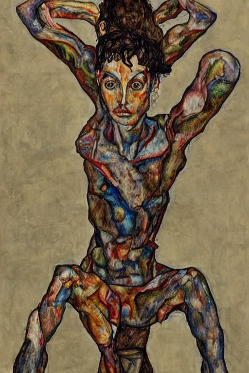 Image similar to a full body character with multiple lifted arms in style of egon schiele and herakut, masterpiece, hyperdetailed, complex, intricate, veiled, 4 k, dynamic!!