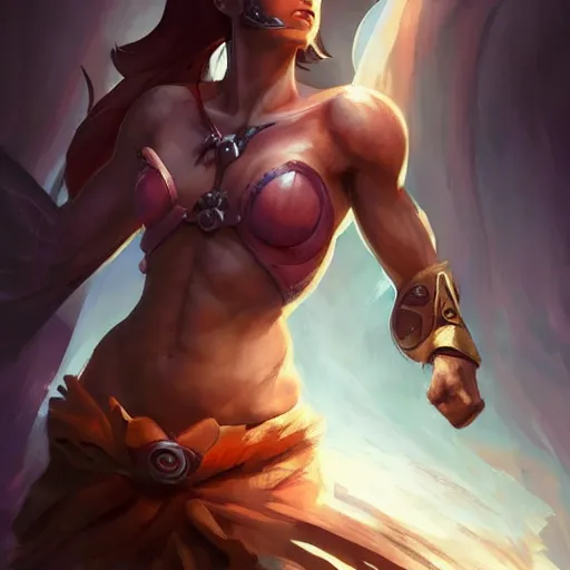 Prompt: stylized and full dressed muscular female D&D warrior character, full body, dinamic body pose, beautiful and simetric face, digital art by Peter Mohrbacher and Artgerm and Julie Dillon and Alex Ross, atmospheric cinematic lighting, concept art, matte, sharp focus, stunning, beautiful, powerfull illustration, highly detailed award-winning masterpiece with incredible and beautiful details, trending on ArtStation