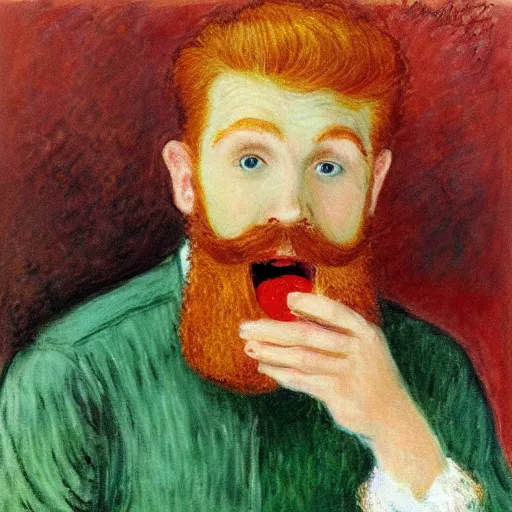 Prompt: ginger young handsome man with beard eating hamburger happily by monet