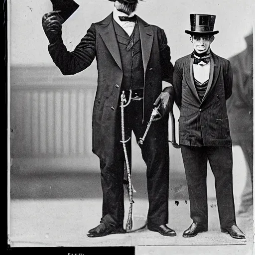 Image similar to A gorilla in a suit and top hat showing his steampunk inventions at 1893 Chicago world's fair