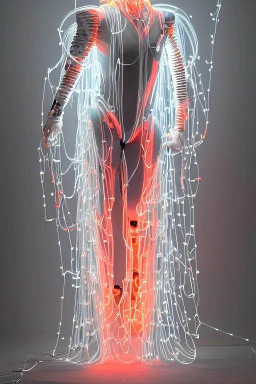 Image similar to full-body baroque and bladerunner style white neon and ceramic statue of a muscular attractive Spanish robot god humanoid wearing a see-through silk cloak sim roupa, posing like a falling model, suspended from the ceiling with thick neon cables, glowing peach face, street hoody of red steampunk lasers, emeralds, swirling silver silk fabric. futuristic elements. oozing glowing liquid, full-length view. space robots. human skulls. throne made of bones, intricate artwork by caravaggio. Trending on artstation, octane render, cinematic lighting from the right, hyper realism, octane render, 8k, depth of field, 3D