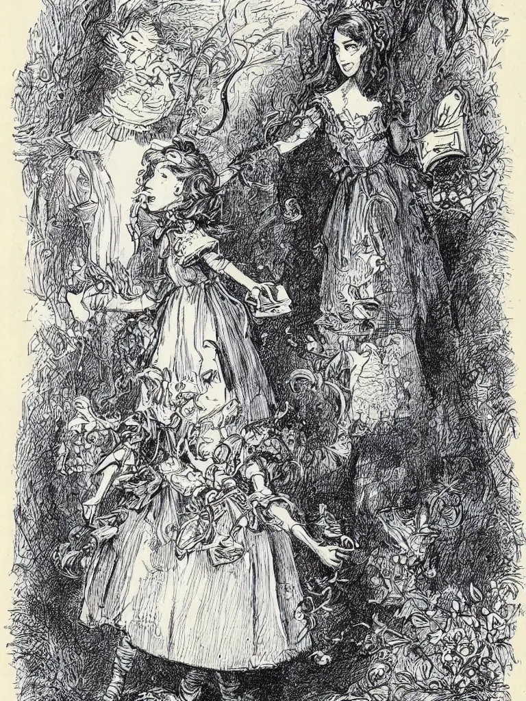 Image similar to Tenniel illustration portrait of Alice, walking in wonderland