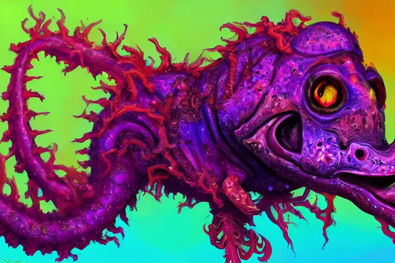 Prompt: chaos chuul spore servant gorgonops, painted by alicia austin and teddy harvia, trending on artstation, dramatic magenta lighting fish eye symbolism, hdr, portrait, iridescent colors, gond painting