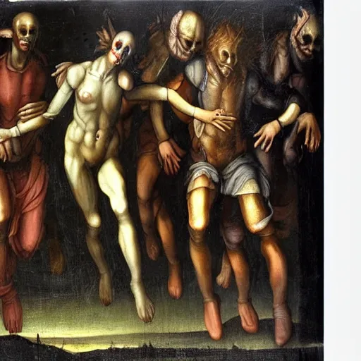 Image similar to alien walking between people, Renaissance painting style, detailed faces