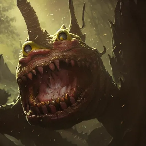 Prompt: monster with a very toothy smile, 8 k, shallow depth of field, greg rutkowski, moody lighting, ultra high detail, concept art,