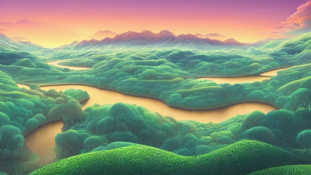 Prompt: digital painting of a lush sinuous river valley by. river. sunset. chiho aoshima. digital render. detailed. beautiful landscape.