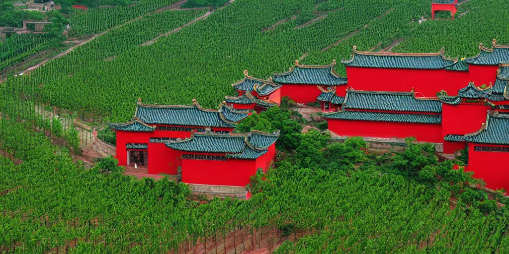 Image similar to A Chinese style winery with red walls and a green roof. The vineyards are sprawling and green, with a river winding through them. In the distance, there are mountains. by zhang zeduan, painting on silk, mi fu, immaculate scale, hyper-realistic, Unreal Engine, Octane Render, digital art, trending on Artstation, 8k, detailed, atmospheric, immaculate