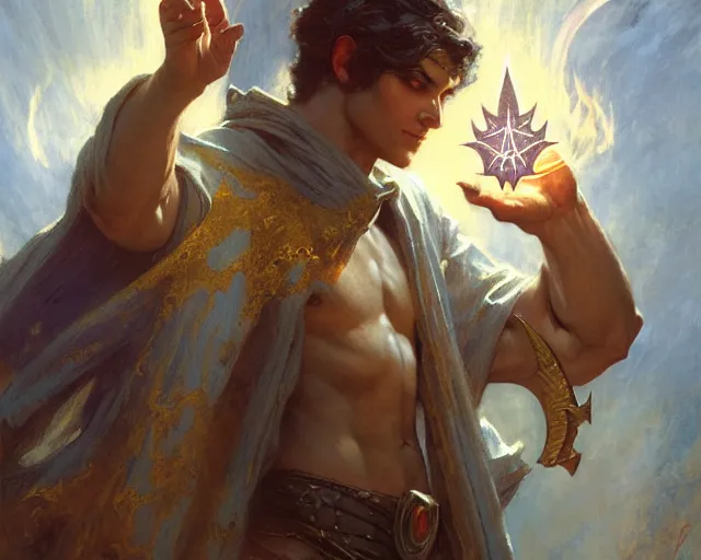 Image similar to attractive male deity, casting demonic magic, summoning handsome lucifer morning star. highly detailed painting by gaston bussiere, craig mullins, j. c. leyendecker 8 k