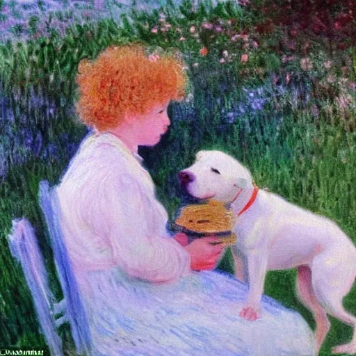 Image similar to girl with curly blonde hair sits next to her white pitbull, sitting on a riverbank watching the sunset, painting by monet