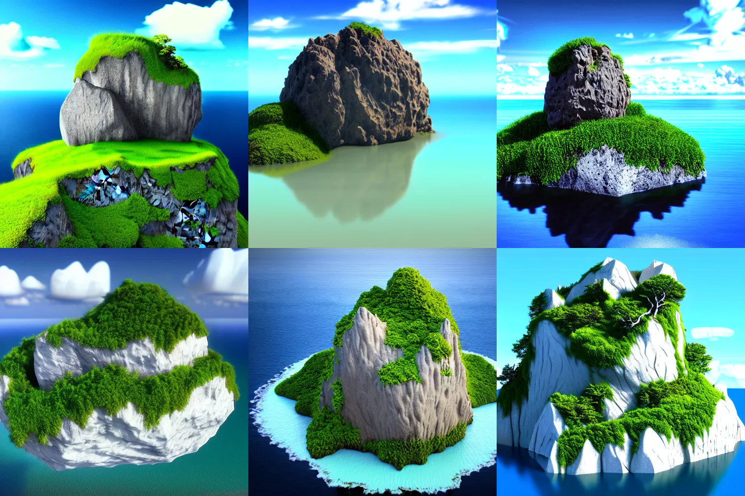 Prompt: very detailed photorealistic 3d render of a floating rock island above a vast ocean, lush vegetation, roots are hanging down from the floating island, small clouds have formed at the top of the mountain peaks, little world, trending on artstation
