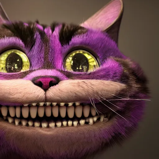 Image similar to full body pose, hyperrealistic photograph of the cheshire cat, dim volumetric lighting, 8 k, octane beautifully detailed render, extremely hyper detailed, intricate, epic composition, cinematic lighting, masterpiece, trending on artstation, very very detailed, stunning, hdr, smooth, sharp focus, high resolution, award, winning photo, dslr, 5 0 mm