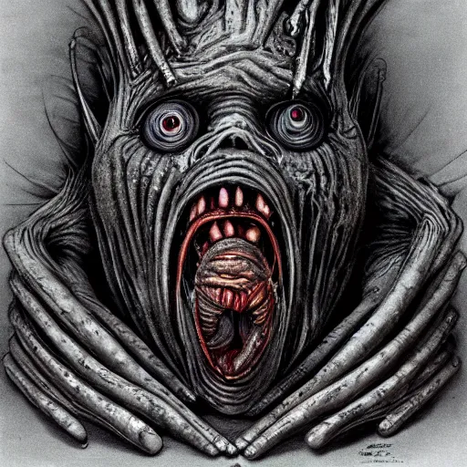 Prompt: a fleshy monster designed by giger with pus coming out of multiple eyes