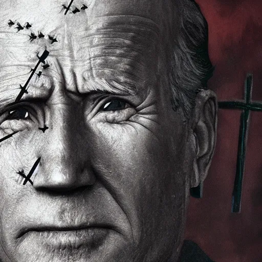 Image similar to closeup portrait biden in dante's inferno painting, crows, crosses, dark beauty, rotten gold, perfect faces, extremely detailed, cinema 4 d, unreal engine.