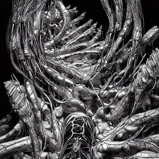 Image similar to birthing pod by tsutomu nihei, inked, minute details, desolation, hyper realistic, cosmic horror, biomechanical, beautiful