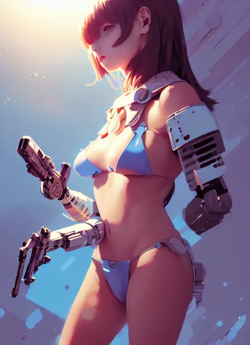 Prompt: portrait of cute maiden girl in cyber bikini armor, face by ilya kuvshinov, warhammer, cyberpunk, by atey ghailan, by greg rutkowski, by greg tocchini, by james gilleard, by joe fenton, by kaethe butcher, dynamic lighting, gradient light blue, brown, blonde cream and white color in scheme, grunge aesthetic