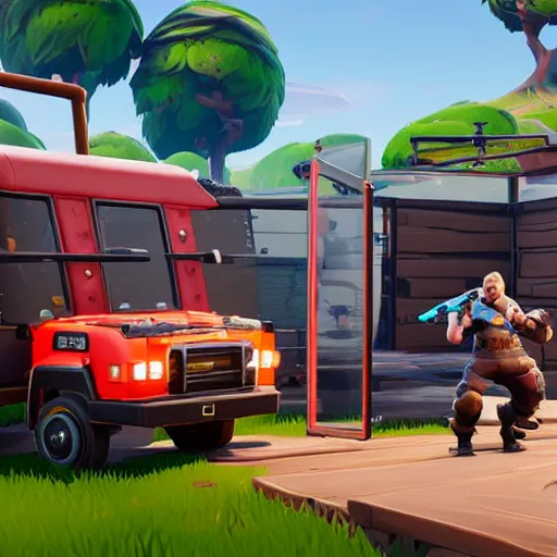 Image similar to Fortnite Battle Bus, Chikfila Style