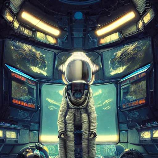 Image similar to hyperrealistic portrait of a squid monster astronaut, full body portrait, well lit, intricate abstract. cyberpunk, intricate artwork, by Tooth Wu, wlop, beeple. octane render,in the style of Jin Kagetsu, James Jean and wlop, highly detailed, sharp focus, intricate concept art, digital painting, ambient lighting, 4k, artstation