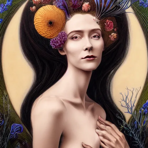 Image similar to facial portrait of a young pretty woman in flowing dress, arrogant, mysterious, long fine flowing hair, delicate, looking at camera, slightly awkward smile, realistic face, hands behind back, stylish, elegant, grimdark fantasy, flowers, extremely detailed painting inspired by Gerald Brom and Ernst Haeckel and Kaluta