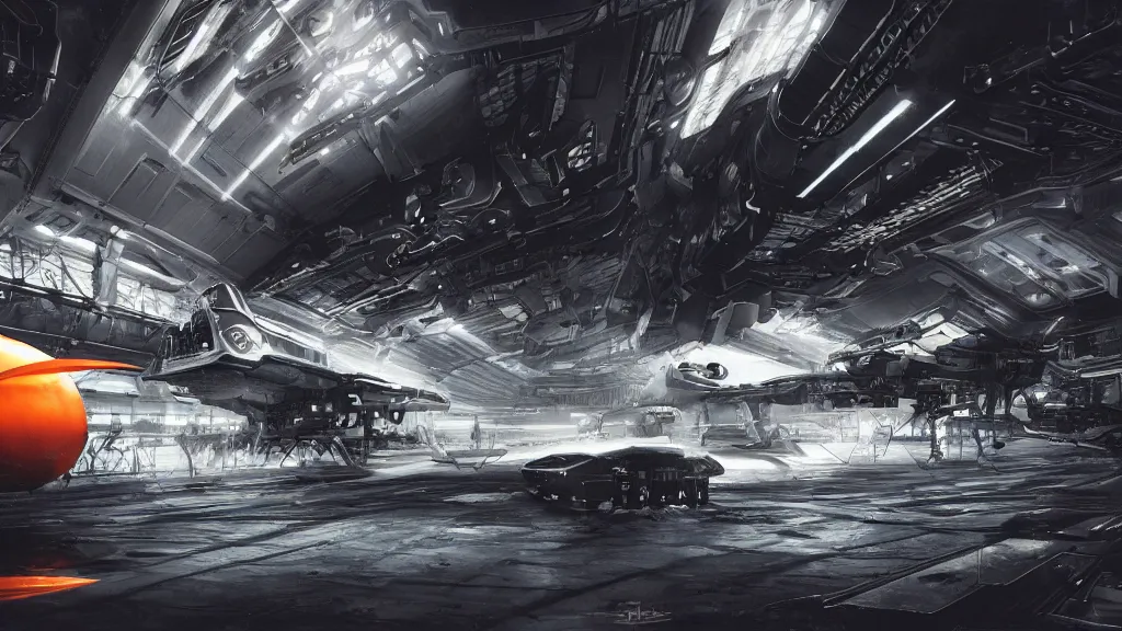 Image similar to a Photorealistic dramatic hyperrealistic render of an Interstellar spaceship inside a dark hangar space ,Ultra realistic details,glossy white metal,Orange racing stripes,weathered surfaces,by Hidetaka Tenjin,Yoh Yoshinori,Yoji Shinkawa,Masamune Shirow,Beautiful dramatic dark moody tones and lighting,cinematic atmosphere,studio lighting,shadows,dark background, Octane render,8K