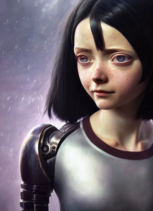 Image similar to emily willis as alita, naturel, hyper detailed, digital art, trending in artstation, cinematic lighting, studio quality, smooth render, unreal engine 5 rendered, octane rendered, art style by klimt and nixeu and ian sprigger and wlop and krenz cushart