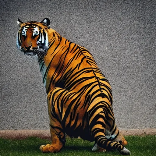 Image similar to “tiger stretching facing towards the camera, photo realism, 8k”