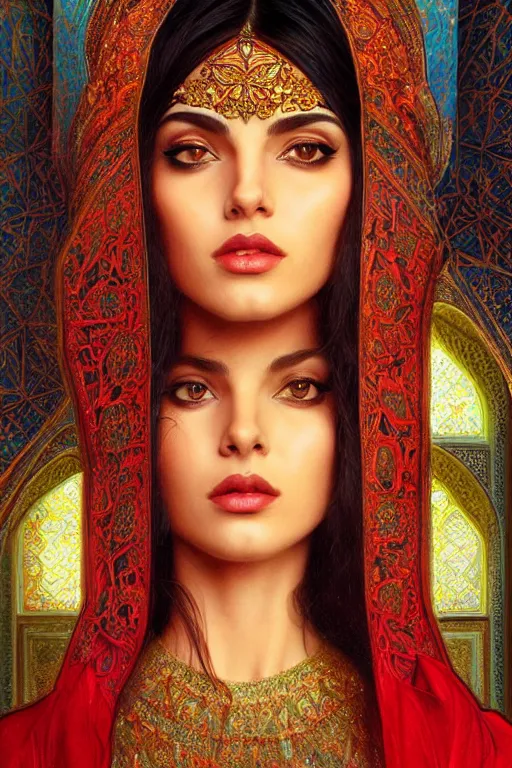 Image similar to Beautiful portrait of a Persian Princess who is an architect, beautiful princess, face painting, architecture, persian style architecture, dramatic lighting, intricate, wild, highly detailed, digital painting, artstation, concept art, smooth, sharp focus, illustration, black+velvet+red, art by artgerm and greg rutkowski and alphonse mucha, footage from space camera