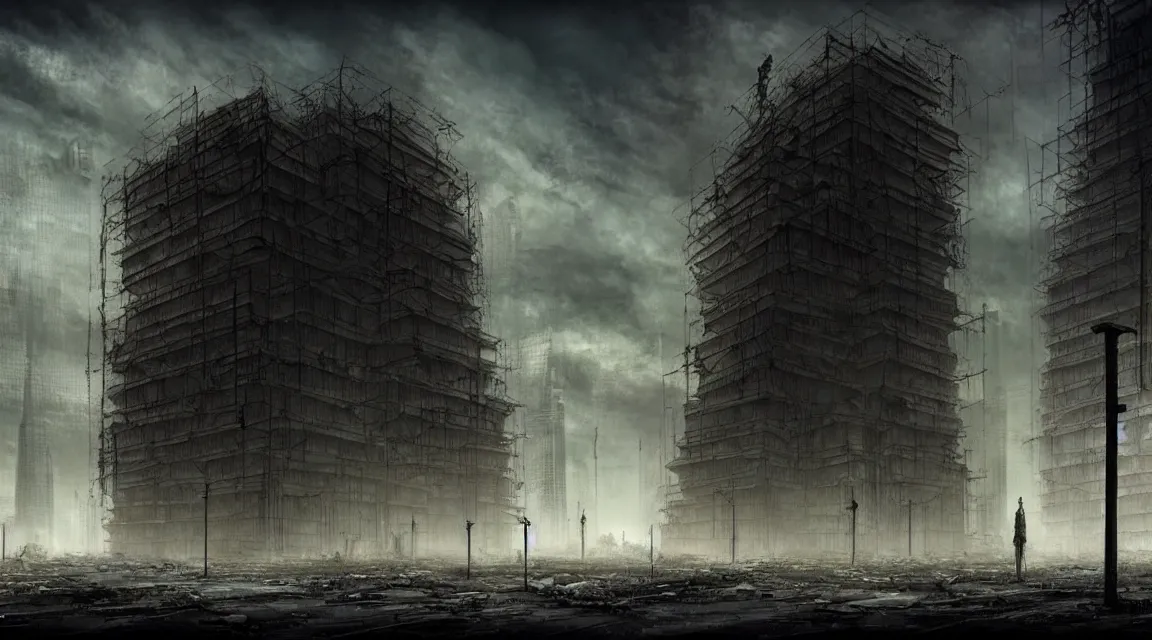 Prompt: post - apocalyptic dystopian building, avenue, in the style of vladimir manyukhin