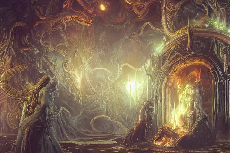 Prompt: a lovecraftian painting of a demonic shrine, occult, demon summoning, hell gate, cosmic horror elements, ultra realistic, concept art, intricate details, eerie, highly detailed, photorealistic, octane render, 8 k, unreal engine. art by artgerm and greg rutkowski and alphonse mucha