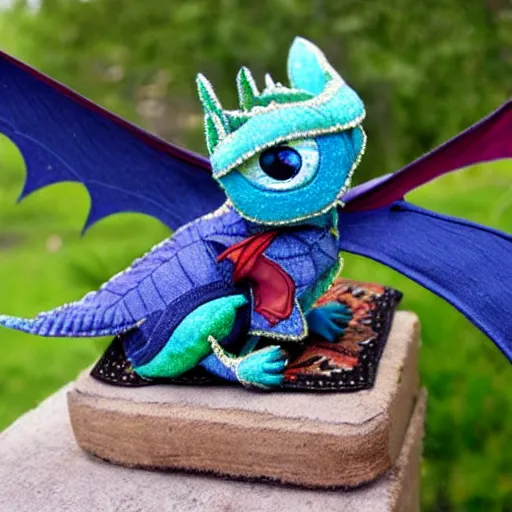 Image similar to adorable dragon in the style of how to train your dragon sitting on top of fabric bolts with a sewing machine