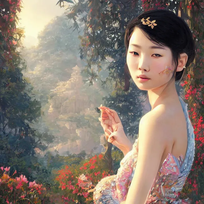 Image similar to a beautiful young charming asian goddess with sundress + jewelry + shinny eyes | | winter, symmetric, realistic shaded, unpleasant face, good looking, fine details, dior, lv, realistic shaded lighting poster by greg rutkowski, macoto takahashi, magali villeneuve, artgerm, jeremy lipkin and michael garmash