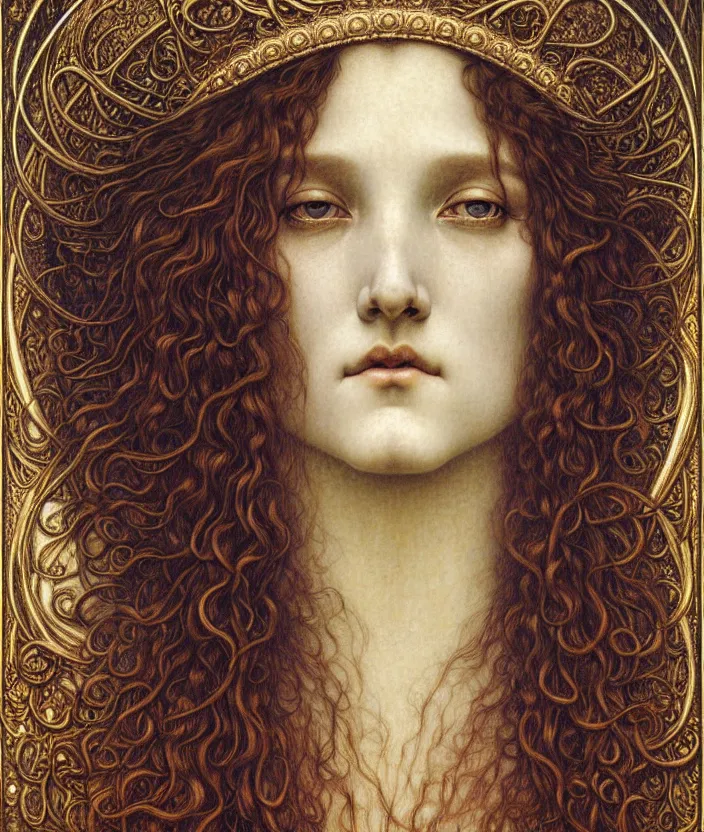 Image similar to detailed realistic beautiful young medieval queen face portrait by jean delville, gustave dore and marco mazzoni, art nouveau, symbolist, visionary, gothic, pre - raphaelite. horizontal symmetry