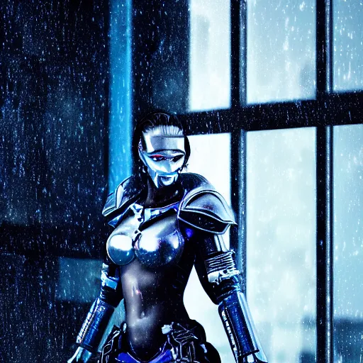 Image similar to An epic fantastic ultrarealism comic book style portrait painting of a female cyberpunk armor fighter, black and blue silver color armor, cyberpunk feel raining at tokyo rooftop, Concept world Art, unreal 5, DAZ, 8k, hyperrealistic, octane render, cosplay, RPG portrait, dramatic lighting, rim lights