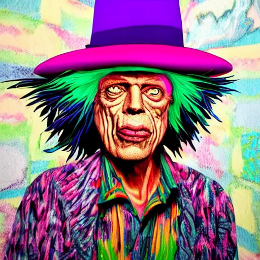 Image similar to old man wearing voodoo hat, mick jagger, art by meow wolf